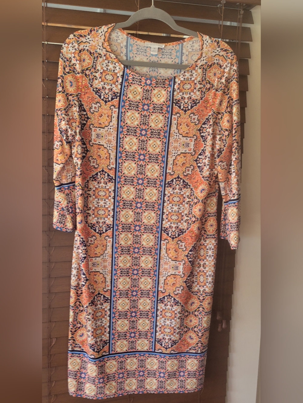 London Times Long-Sleeve Tile Multicolor Floral Shift Dress in Orange and Navy
